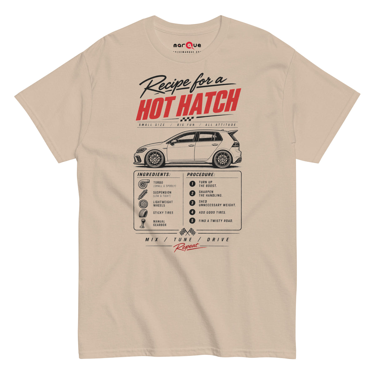 Sand hot hatch recipe t-shirt — red HOT HATCH lettering with checkered flag detail