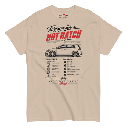 Sand hot hatch recipe t-shirt — red HOT HATCH lettering with checkered flag detail