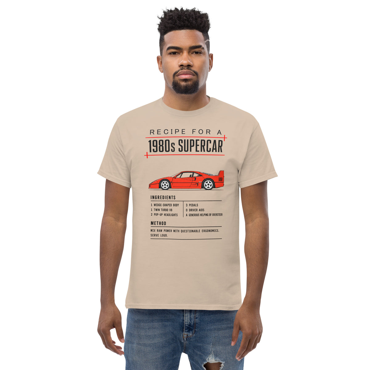 Recipe for a 1980s Supercar tee, Sand front view (2) — Marque automotive apparel