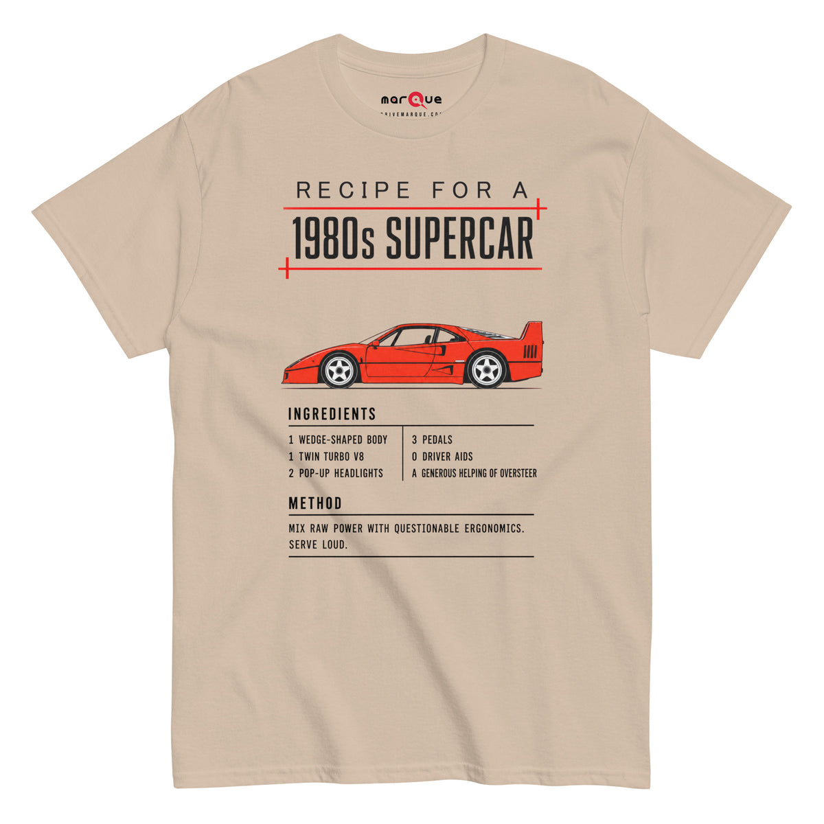 Recipe for a 1980s Supercar tee, Sand front view — Marque automotive apparel