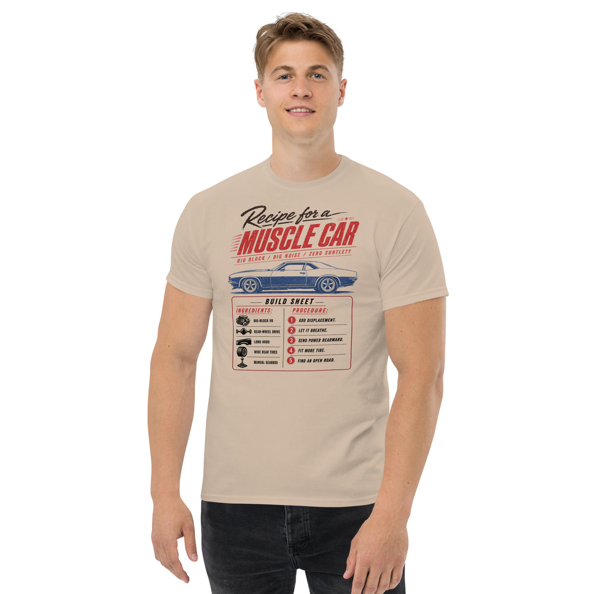Muscle Car Recipe t-shirt in Sand, worn — Marque automotive apparel