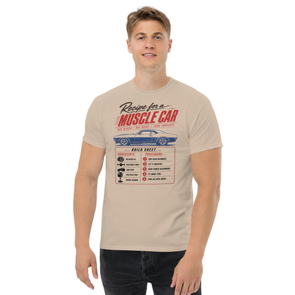 Muscle Car Recipe t-shirt in Sand, worn — Marque automotive apparel