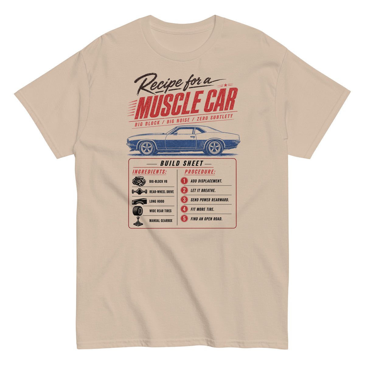 Muscle Car Recipe t-shirt in Sand — build sheet graphic with big-block V8 coupé — Marque automotive apparel