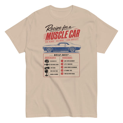Muscle Car Recipe t-shirt in Sand — build sheet graphic with big-block V8 coupé — Marque automotive apparel