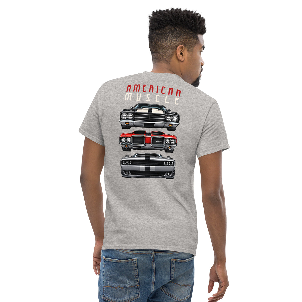American Muscle Tee, Sport Grey — worn back view showing the quad-light back print, Marque automotive apparel