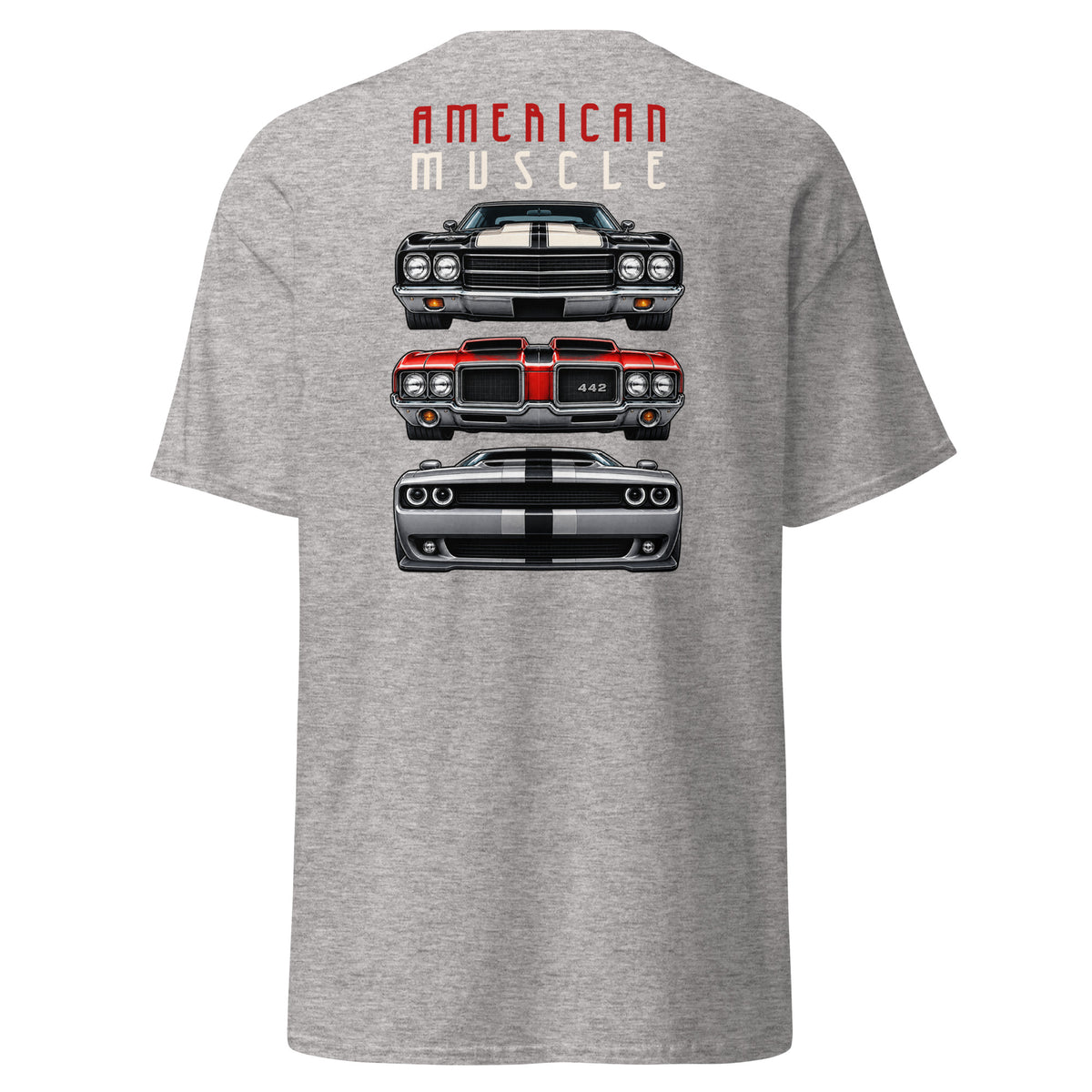American Muscle Tee, Sport Grey back view — three muscle car front ends, large back print, Marque automotive apparel