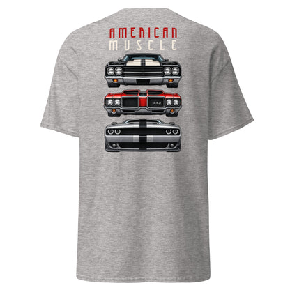 American Muscle Tee, Sport Grey back view — three muscle car front ends, large back print, Marque automotive apparel