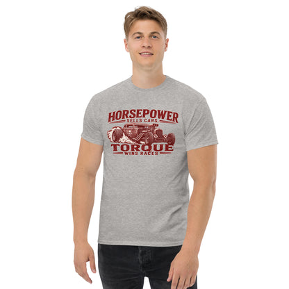Torque Wins Races Tee, Sport Grey — front print detail, blown rat rod under vintage sign-shop lettering