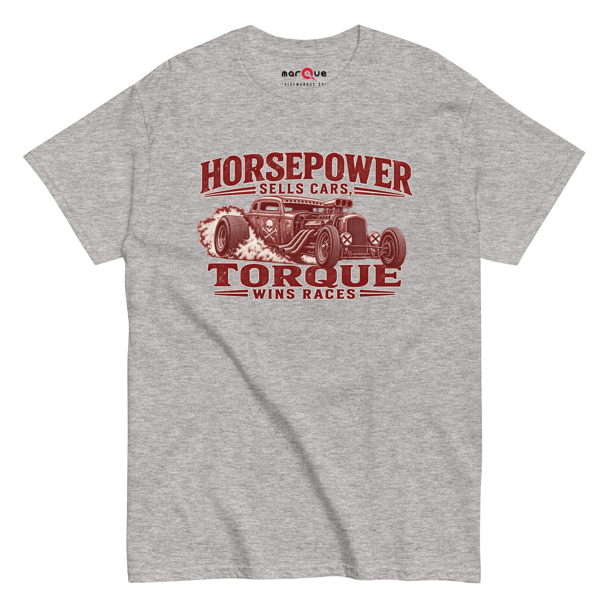 Torque Wins Races Tee, Sport Grey front view — distressed hot rod print, Marque automotive apparel