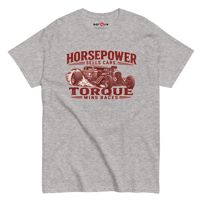 Torque Wins Races Tee, Sport Grey front view — distressed hot rod print, Marque automotive apparel
