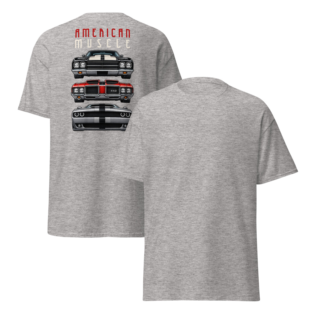 American Muscle Tee, Sport Grey — front and back, plain front with large back print, Marque automotive apparel