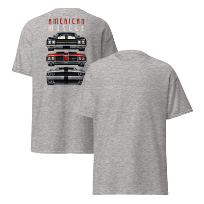American Muscle Tee, Sport Grey — front and back, plain front with large back print, Marque automotive apparel