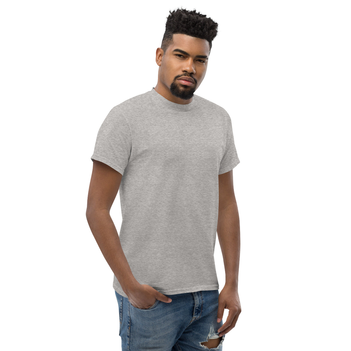 American Muscle Tee, Sport Grey — worn right front three-quarter view, plain front, Marque automotive apparel