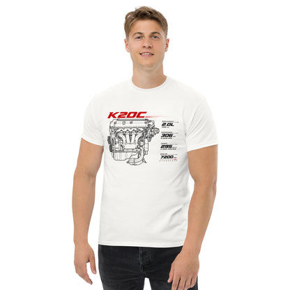 K20C Tee, White — front print detail with displacement, horsepower, torque and redline spec block