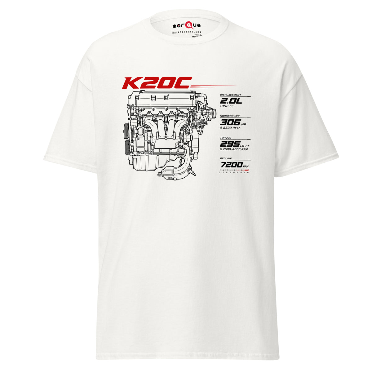 K20C Tee, White front view — turbocharged four-cylinder engine blueprint, Marque automotive apparel