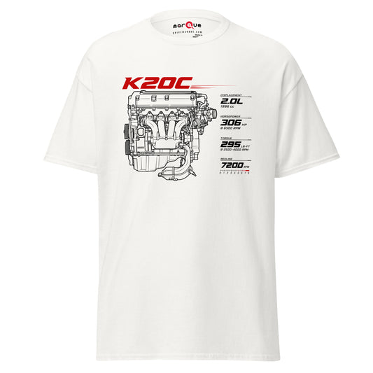 K20C Tee, White front view — turbocharged four-cylinder engine blueprint, Marque automotive apparel