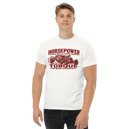Torque Wins Races Tee, White — front print detail, blown rat rod under vintage sign-shop lettering