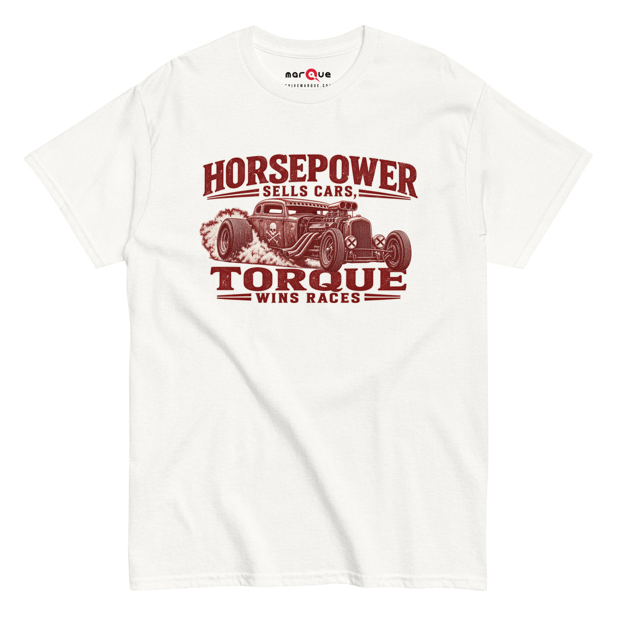 Torque Wins Races Tee, White front view — distressed hot rod print, Marque automotive apparel