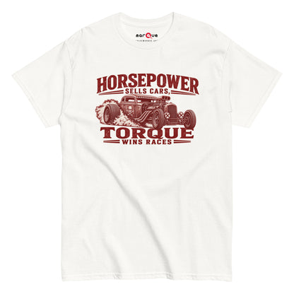 Torque Wins Races Tee, White front view — distressed hot rod print, Marque automotive apparel