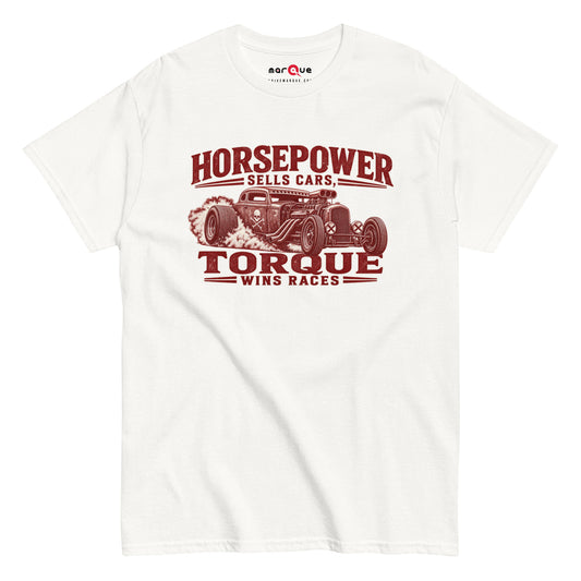 Torque Wins Races Tee, White front view — distressed hot rod print, Marque automotive apparel