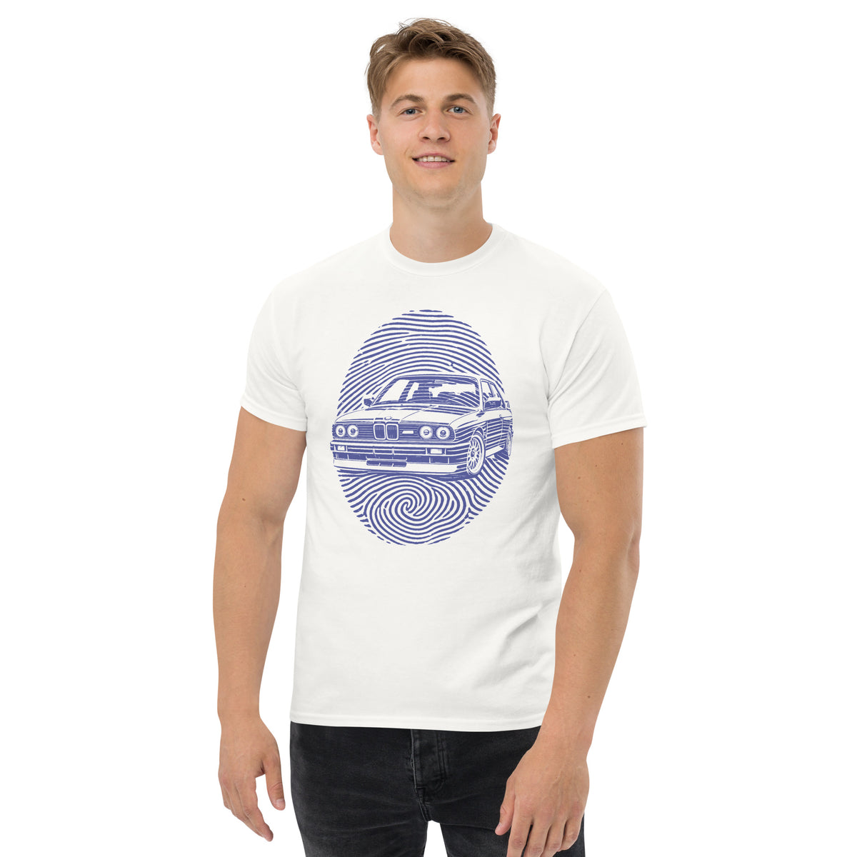 E30 DNA Tee, White — front print detail, fingerprint ridges forming the car
