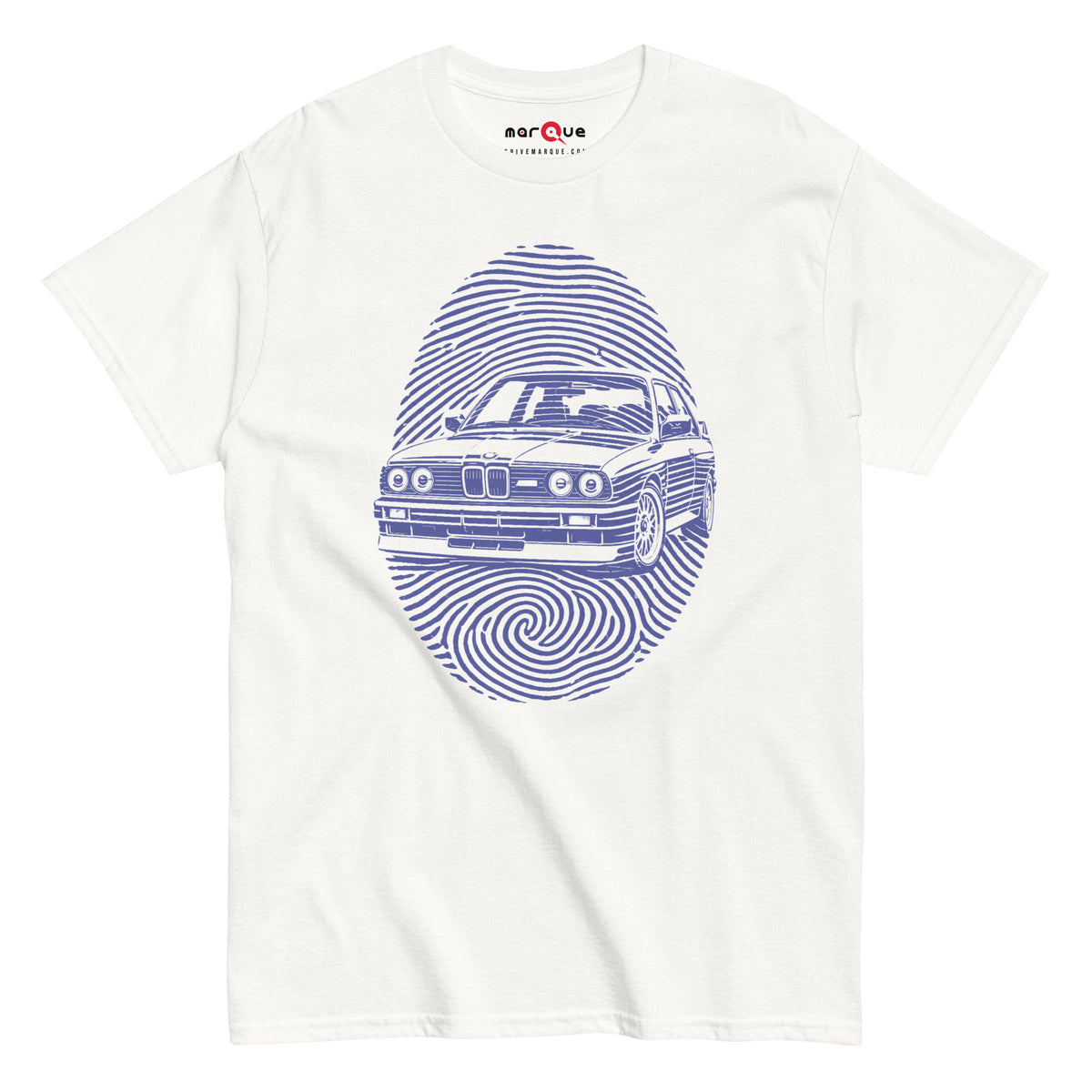 E30 DNA Tee, White front view — boxy 80s coupe inside a fingerprint whorl, Marque automotive apparel
