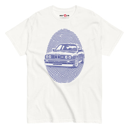 E30 DNA Tee, White front view — boxy 80s coupe inside a fingerprint whorl, Marque automotive apparel