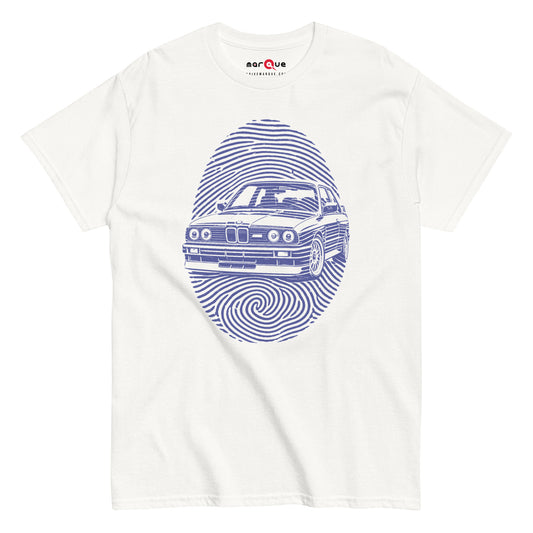E30 DNA Tee, White front view — boxy 80s coupe inside a fingerprint whorl, Marque automotive apparel