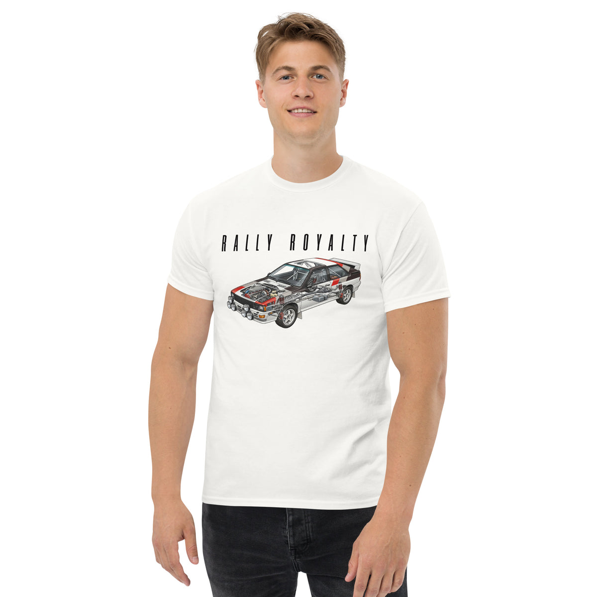 Rally Royalty Tee, White — worn front view, Marque automotive apparel