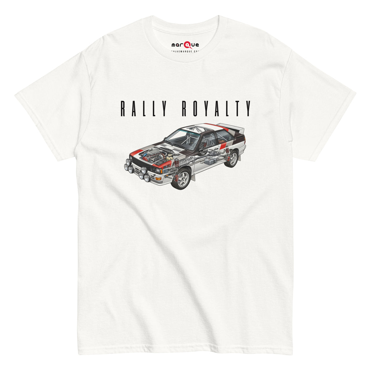 Rally Royalty Tee, White front view — Group B rally cutaway front print, Marque automotive apparel