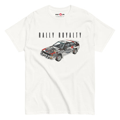 Rally Royalty Tee, White front view — Group B rally cutaway front print, Marque automotive apparel