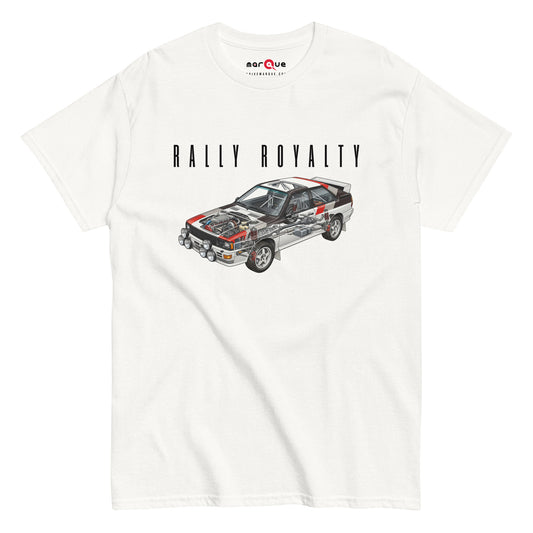 Rally Royalty Tee, White front view — Group B rally cutaway front print, Marque automotive apparel