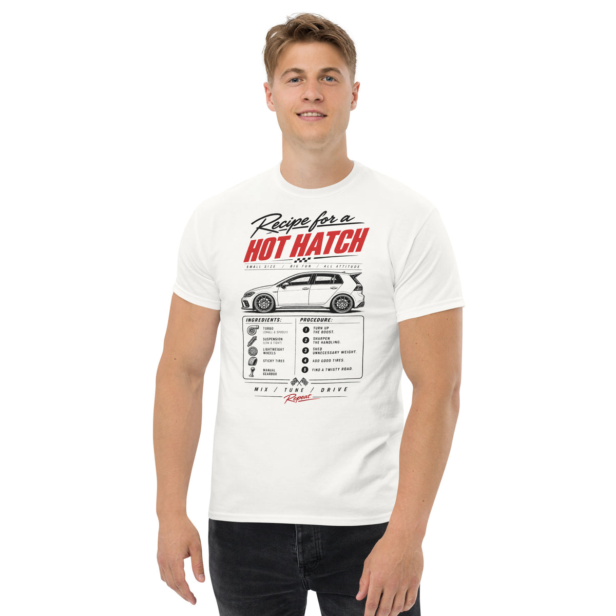 White hot hatch recipe tee, full recipe card printed front and centre on the chest