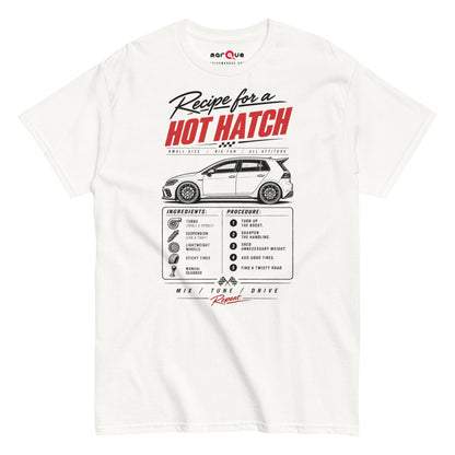 White hot hatch recipe t-shirt — Recipe for a Hot Hatch in racing script above a three-door hatchback