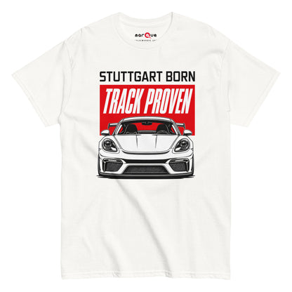 Stuttgart Born, Track Proven Tee, White front view — Marque automotive apparel