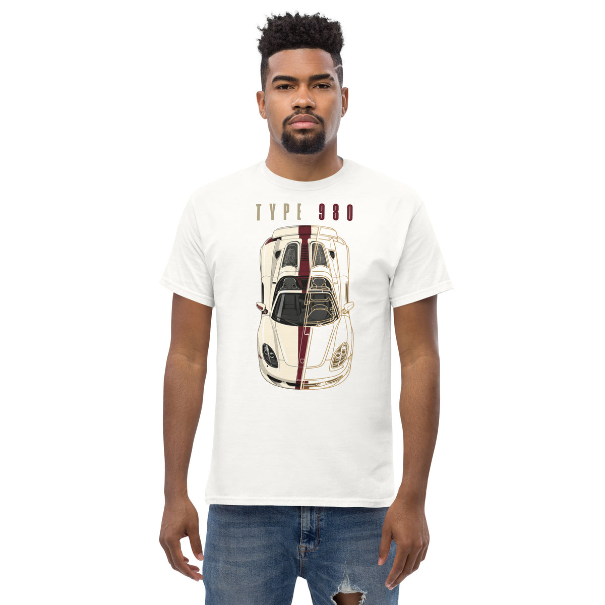 Type 980 tee, White front view (2) — Marque automotive apparel