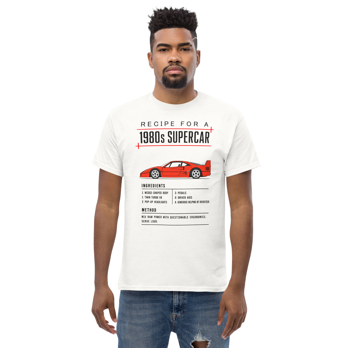 Recipe for a 1980s Supercar tee, White front view (2) — Marque automotive apparel