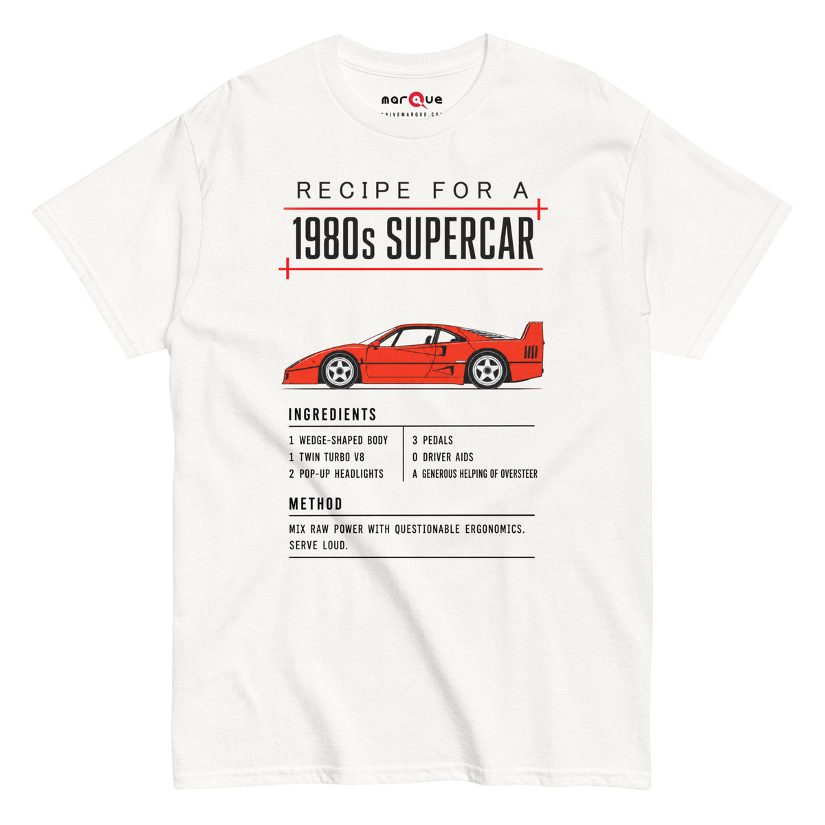 Recipe for a 1980s Supercar tee, White front view — Marque automotive apparel