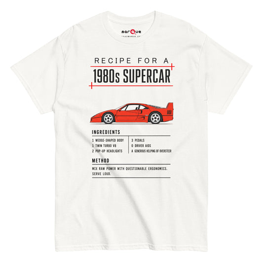 Recipe for a 1980s Supercar tee, White front view — Marque automotive apparel