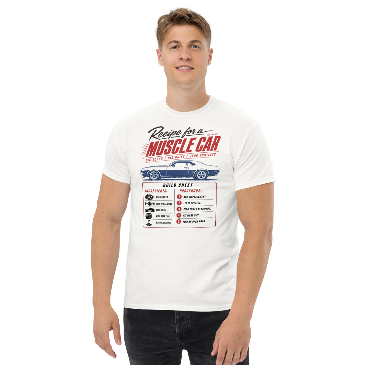 Muscle Car Recipe t-shirt in White, worn — Marque automotive apparel