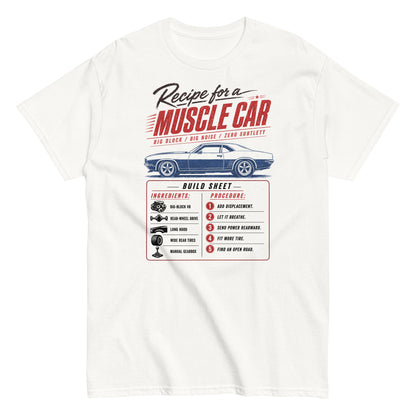 Muscle Car Recipe t-shirt in White — build sheet graphic with big-block V8 coupé — Marque automotive apparel