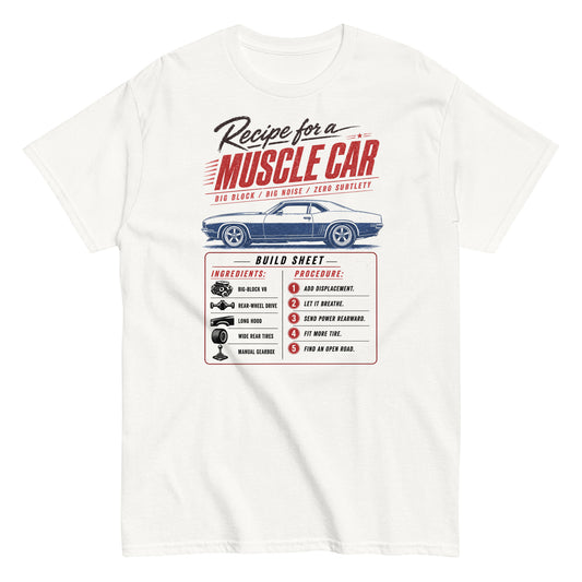 Muscle Car Recipe t-shirt in White — build sheet graphic with big-block V8 coupé — Marque automotive apparel