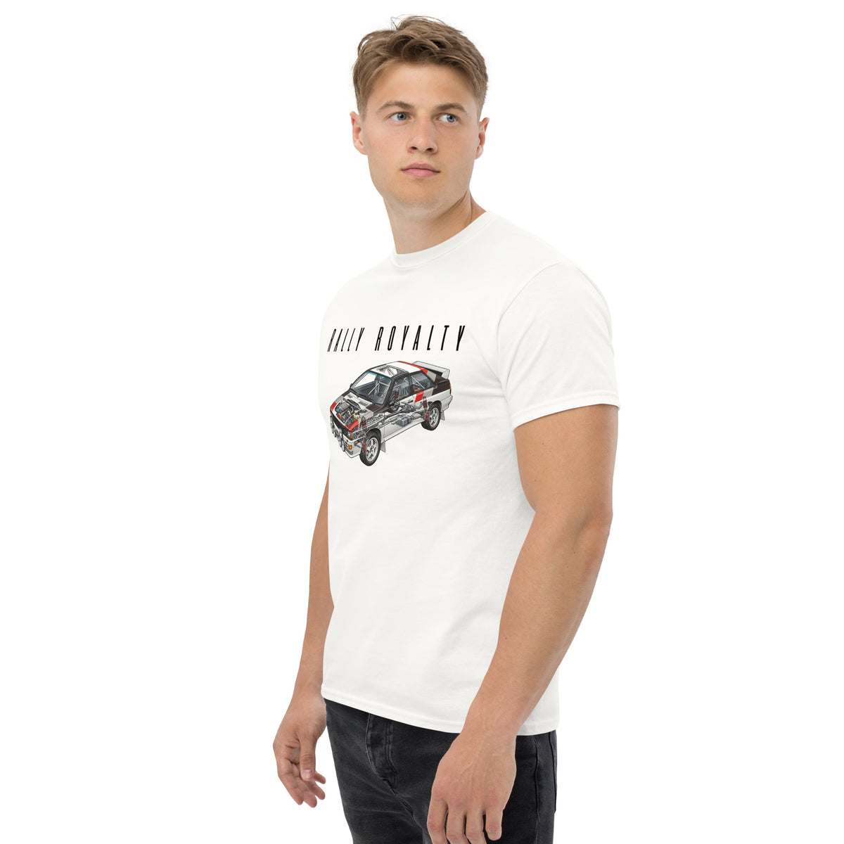 Rally Royalty Tee, White — worn left front three-quarter view, Marque automotive apparel