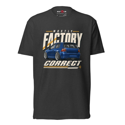 Mostly Factory Correct T-shirt, Charcoal front view — classified-ad car humor print, Marque automotive apparel