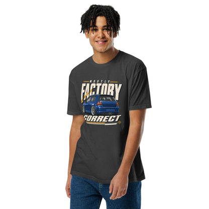 Mostly Factory Correct T-shirt, Charcoal front view (2) — print scale on the chest, Marque automotive apparel