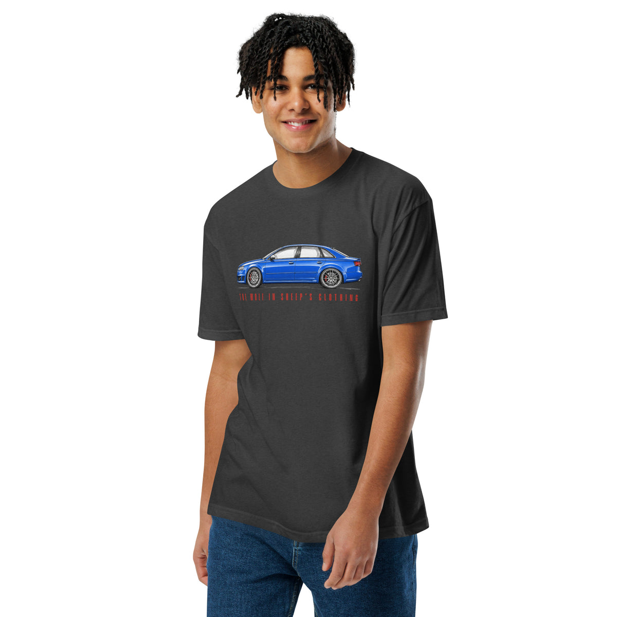 The Wolf in Sheep's Clothing B7 super-saloon t-shirt, Charcoal front view (2) — Marque automotive apparel