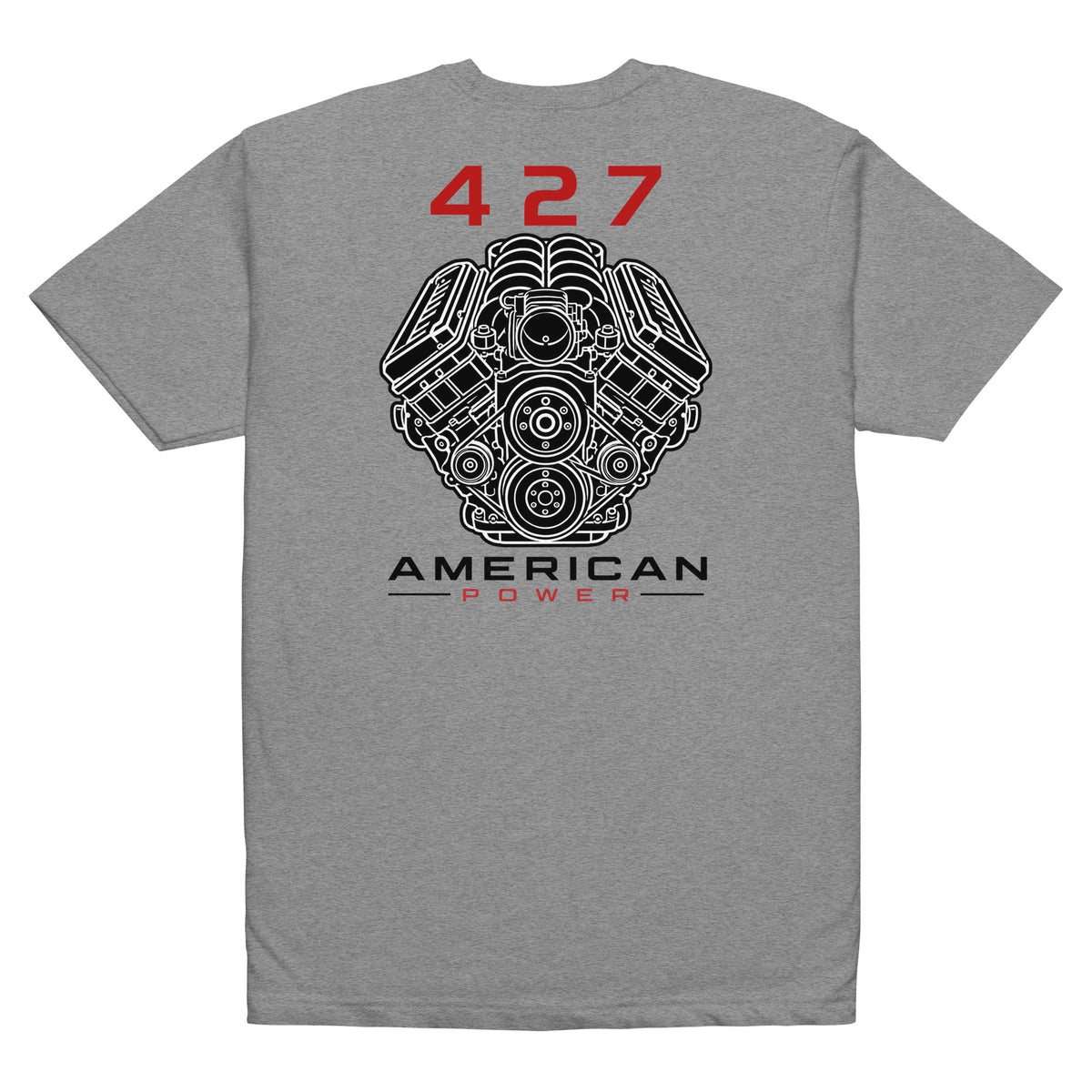 427 Big-Block tee, Dark Heather Gray back view — Marque automotive apparel