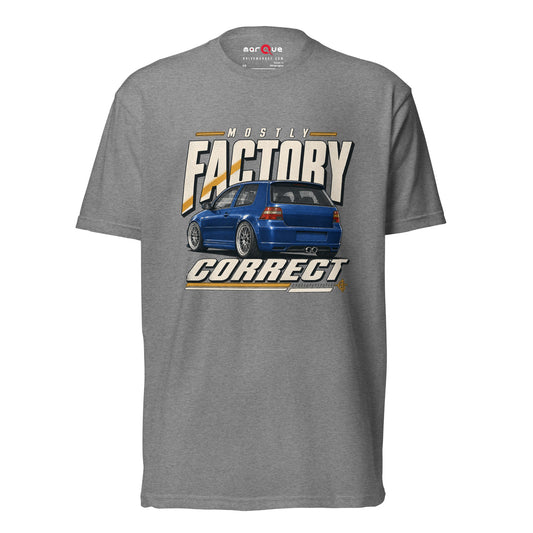 Mostly Factory Correct T-shirt, Dark Heather Gray front view — classified-ad car humor print, Marque automotive apparel