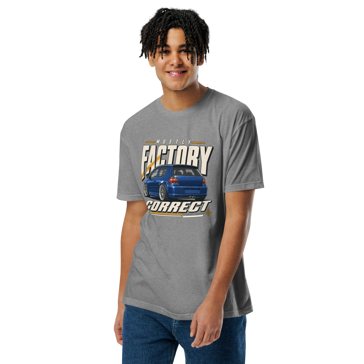 Mostly Factory Correct T-shirt, Dark Heather Gray front view (2) — print scale on the chest, Marque automotive apparel