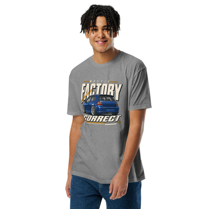 Mostly Factory Correct T-shirt, Dark Heather Gray front view (2) — print scale on the chest, Marque automotive apparel